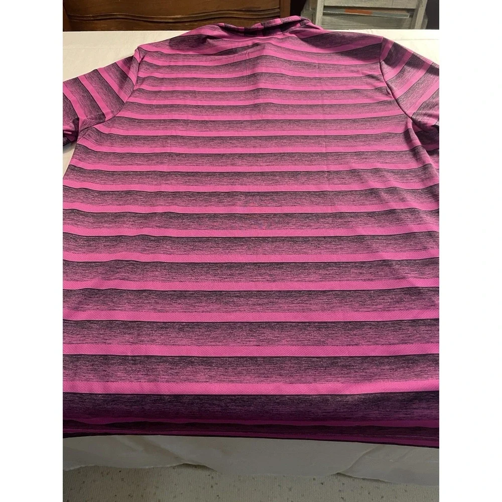 adidas Men's Polo Shirt L Pink Black Striped Short Sleeve Collared Button Poly